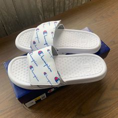 Brand New Unused Ships In 1 Business Day Mens Slides Sandals, Champion Slides, Red Flip Flops, White Slides Sandals, Red Leather Sandals, Mens Slide Sandals, Champion Shoes, Pink Flip Flops, Pink Slides