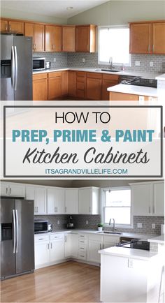 the kitchen cabinets are painted white and have wood trimmings on them with text overlay that reads how to prep, prime & paint kitchen cabinets