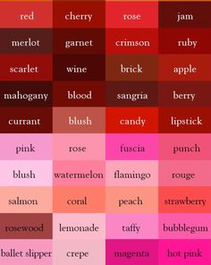 the color scheme for different colors in an english language, including red, pink, blue and