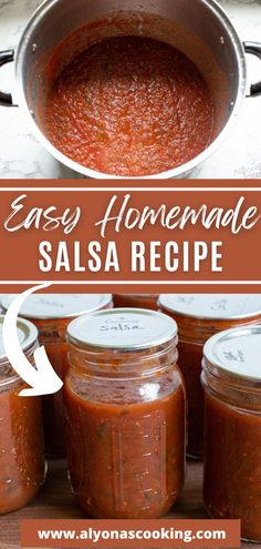 easy homemade salsa recipe in mason jars with text overlay that reads easy homemade salsa recipe