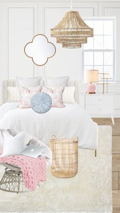 a white bedroom with pink and gold accessories on the bed, chandelier above