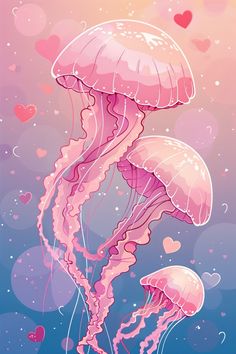 two pink jellyfishs floating in the ocean with hearts on their backs and one is holding