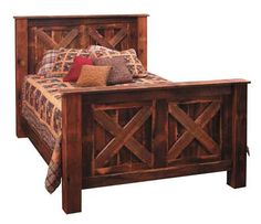 a bed with wooden headboard and foot board on it's sides, in front of a white background