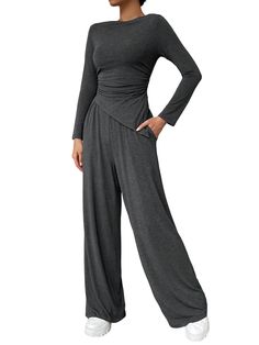 PRICES MAY VARY. Fabric: 92% Viscose Fiber and 8% Spandex blend, made of soft and elastic, high-quality fabric to ensure durability and comfort. It’s easy to care for, allowing you to enjoy its comfort for many occasions to come. Design: Two ways to wear(round neck or off shoulder), Cinched waist control tummy design, bodycon slim fit tops, high waisted pants, wide leg pants. The Long Sleeve Ruched Slim Fitted top and wide leg Pants are designed to accentuate your curves while providing ultimate Massage Therapist Outfits For Women, Feminine Loungewear, Casual Pajamas, Stylish Loungewear, Loungewear Outfits, Sweatsuit Set, Set Outfits, Cozy Loungewear, Slim Fit Top