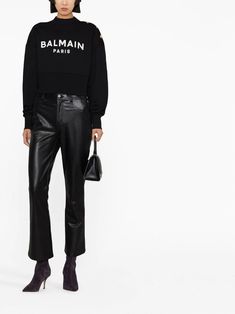 Balmain logo-print Cotton Sweatshirt - Farfetch Balmain Outfit, Balmain Sweater, Sweaters Black, Organic Logo, Bold Logo, Balmain Paris, Organic Materials, Cropped Sweatshirt, Cropped Style