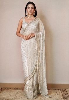 Hand Embroidered Net Saree in Off White : SPTA12481 Lehenga Sari, Off White Saree, Sari Lehenga, Engagement Saree, Sabyasachi Sarees, Reception Saree, Sequence Saree, Sequin Saree, Bridesmaid Saree