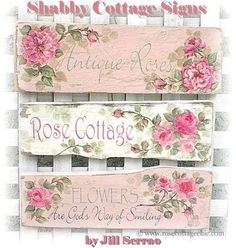 three wooden signs with pink flowers on them and the words roses cottage written in english