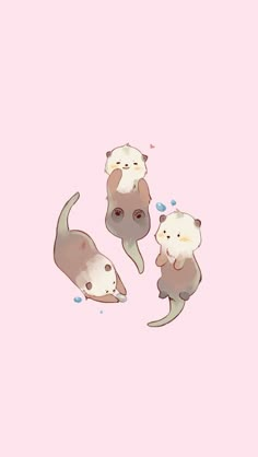 three otters floating in the air on a pink background