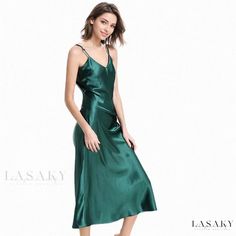 Lasaky - Satin V-Neck Sensual Long Faux Silk Slip Dress Gown Suit, Long Nightgown, Satin Sleepwear, Silk Slip Dress, Suspender Dress, Silk Slip, Sleepwear & Loungewear, Crop Top Blouse, Cutout Dress