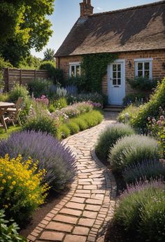 a brick path leading to a house with lavender and yellow flowers in the foreground