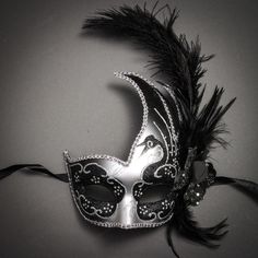 100% Brand New, High Quality Made From Paper Mache And Feather This Mask Fits Most Adults Comes With Ribbons On 2 Sides To Wear And Keep The Mask In Place On Your Face Color: Silver With Black Feather Usm-M6131-Svbk Moon Masquerade, Venetian Costume, Masquerade Ball Party, Venetian Masquerade Masks, Mask Dance, Venetian Carnival, Feather Mask, Venetian Masquerade, Mask Masquerade