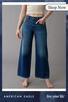 Rigid in the front. Stretchy in the back. Magic all over with innovative 50/50 construction/Comfort Stretch Waistband for an extra dose of comfy!/Medium wash Style Roots, Ankle Jeans, Style Ideas, 50 50, Cropped Jeans, Wide Leg Jeans, Women's Jeans, American Eagle Outfitters, Womens Bottoms