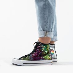 Features: Contrasting Sequins Are Featured In A Split-Design Of Multi-Color And Shiny Silver. All-Inclusive “More Colors, More Pride” Flag On Converse Patch, Outsole, And Heel Logo. “Diversity Equality Love” Featured On Liner. Ortholite Insole For Comfort. Brand: Converse Mpn: 167755c Model: Chuck 70 Hi Color: White/Black/University Red Gender: Unisex (Women's Size's Shown. Men's Sizes Are 2 Sizes Down, Example 3 Men's Is Equal To 5 Women's) New With Box Silver Converse, Converse White, Converse Chuck 70, Split Design, Chuck 70, Star Sneakers, Pride Flag, Shiny Silver, Womens Converse