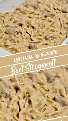 two plates with different types of food on them and the words, quick & easy beef stroganoni