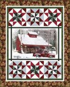 a red truck parked in front of a log cabin with snow on the roof and trees