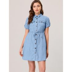 The Chambray dress livens up your summer look. The comfortable denim shirt dress gives you a casual look. The Allegra K denim shirt dress is comfortable and it is suitable for summer. It features a pointed collar, a drawstring waist, and four practical pockets. This Allegra K dress will become a casual favorite. Perfect for casual, party, beach, club, daily, and summer wear. This dress is suitable for many occasions, such as Travelling, Vacation, Shopping, etc. Summer Chambray Collared Denim Top, Summer Mini Length Shirt Dress In Medium Wash, Summer Mini Shirt Dress In Medium Wash, Summer Chambray Button-up Shirt Dress, Summer Mini Length Medium Wash Shirt Dress, Summer Chambray Shirt Dress, Chambray Short Sleeve Dress With Pockets, Medium Wash Mini Shirt Dress For Summer, Short Sleeve Chambray Dresses With Pockets