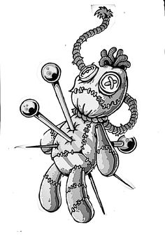 an ink drawing of a teddy bear holding two needles