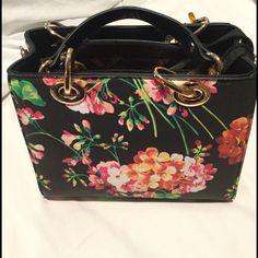 La Three Fashion Floral Printed Bag Black Formal Shoulder Bag For Spring, Spring Multicolor Formal Shoulder Bag, Spring Formal Multicolor Shoulder Bag, Elegant Multicolor Bag With Adjustable Strap, Elegant Multicolor Box Bag For Everyday Use, Chic Formal Bags With Floral Print, Elegant Multicolor Shoulder Bag With Adjustable Strap, Spring Black Shoulder Bag With Double Handle, Spring Black Double Handle Shoulder Bag