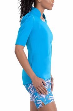 Woman Wearing SwingDish Kali Peacock Mid Sleeve Top Product View 2 Stretch Blouse With 3/4 Sleeves, Stretch Short Sleeve Tops With Upf 50+, Stretch Split Neck Blouse, Short Sleeve Top With Upf 50+, Solid Color Short Sleeve Tops With Upf 50+, Short Sleeve Tops With Upf 50+, Versatile Stretch Blouse With Short Sleeves, Versatile Stretch Short Sleeve Blouse, Elegant Stretch Top With Half Sleeves