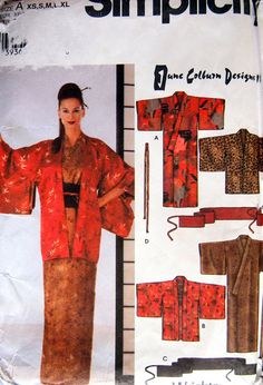 This is an uncut sewing pattern only.  It is not a kit or a completed project.  The pattern is from 2002 by Simplicity.   It has some shelf wear but overall it is in fair condition. CONDITION ISSUE: The outer pattern envelope is banged up but the inner contents are in good shape. Pattern sizes are 6 to 24. Body Measurements Bust 30-1/2 to 46 inches Waist 23 to 39 inches Hip - 9 inches below waist 32-1/2 to 48 inches Back - neck to waist 15-1/2 to 17-1/2 inches  It will be shipped first class USP Diy Wrap Pants, Geisha Cosplay, Outer Pattern, Leaf Sewing, Kimono Sewing Pattern, Denim Kimono, Halloween Costume Patterns, Obi Sash, Japanese Costume