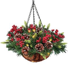 a hanging basket filled with pine cones and red berries, surrounded by greenery on chains