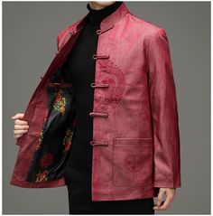 chinese red dragon tang jacket Red Outerwear With Stand Collar And Button Closure, Red Stand Collar Outerwear With Buttons, Elegant Red Outerwear With Stand Collar, Traditional Long Sleeve Outerwear With Button Closure, Traditional Spring Outerwear With Buttons, Traditional Outerwear With Stand Collar And Button Closure, Spring Nehru Jacket With Stand Collar, Traditional Nehru Jacket With Stand Collar, Traditional Outerwear With Stand Collar For Spring