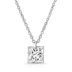 Bare Diamonds 14K White Gold Classic Sterling Silver Solitaire Necklace With Square Pendant, White Gold Princess Cut Necklace For Wedding, White Gold Solitaire Necklace With Radiant Cut Diamond, Radiant Cut Solitaire Necklace In White Gold, White Gold Diamond Necklace With Princess Cut, Timeless Princess Cut Jewelry With Tension Setting, Classic Cubic Zirconia Princess Cut Necklace, Princess Cut Diamond Solitaire Necklace In White Gold, Classic Princess Cut Cubic Zirconia Necklace