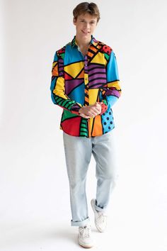 What's Your Angle Long Sleeve Button Up Shirt Multicolor Long Sleeve Shirt With Button Closure, Multicolor Long Sleeve Shirt With Buttons, Bold Long Sleeve Tops With Graphic Print, Bold Graphic Print Long Sleeve Tops, Colorful Long Sleeve Cotton Shirt, Fitted Multicolor Shirt With Button Closure, Trendy Colorful Long Sleeve Shirt, Relaxed Fit Multicolor Shirt With Buttons, Multicolor Relaxed Fit Shirt With Buttons