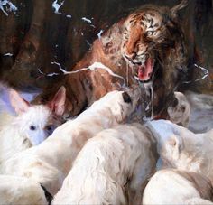 a painting of some white dogs and a tiger in the water with their mouths open