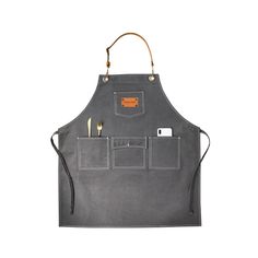 the apron is grey and has an orange tag on it