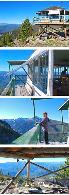 three pictures of the same person on top of a mountain with mountains in the background