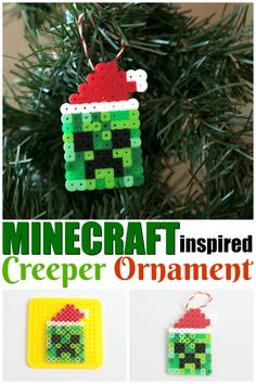 an ornament made out of legos is hanging on a christmas tree with the words minecraft inspired creeper ornaments