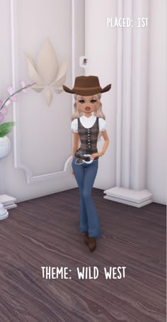 a woman wearing a cowboy hat and jeans standing in a room with white walls, wood flooring and flowers