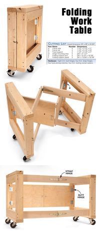 the folding work table is made from wood and has wheels on each side, which are also