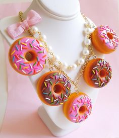 Donut Necklace Doughnut Statement Necklace Pink Donut | Etsy Cute Pink Resin Necklace, Kawaii Donut, Preppy Necklaces, Kawaii Necklace, Handmade Gifts For Friends, Pink Statement Necklace, Geek Jewelry, Pink Donuts, Chocolate Donuts