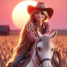 a girl in a cowboy hat riding a white horse through a wheat field at sunset