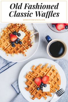 two plates with waffles and fruit on them