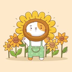 a cartoon cat standing in front of sunflowers