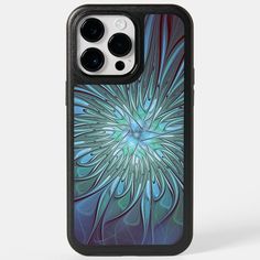 an iphone case with a blue flower design on the front and back cover in black