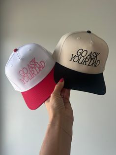 Elevate your style with our "Go Ask Your Dad" trucker hat! This stylish and playful hat features a striking pink and red color combo and an adjustable back for a perfect fit. Pink Trucker Hat With Curved Visor, Trendy Pink Trucker Hat With Curved Visor, Trendy Pink Dad Hat With Curved Visor, Trendy Red Trucker Hat With Letter Print, Trendy Pink Dad Hat With Curved Bill, Fun Adjustable Snapback Dad Hat, Trendy Adjustable Snapback Dad Hat, Pink Adjustable Curved Visor Hat, Adjustable Red Hat With Letter Print