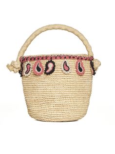 100% Material 1 Embroidery: 100% Cotton Raffia Bucket Bag, Raffia Basket, Multicolor Crochet, Crochet Embellishments, Paisley Motif, Basket Bag, Yoga Wear, Bridal Shoes, Madagascar