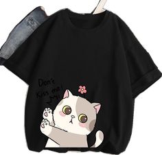 Cute Black T-shirt With Cat Design, Kawaii Black T-shirt With Letter Print, Kawaii Black Crew Neck T-shirt, Black Kawaii T-shirt With Funny Print, Black Kawaii T-shirt With Hello Kitty Print, Trendy Black T-shirt With Cat Print, Cute Black Top With Cat Print, Kawaii T Shirt, Walk Outside