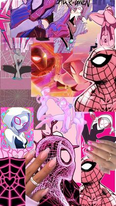 a collage of photos with spider - man, pink and purple colors in the background