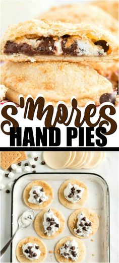 chocolate chip cookies and marshmallows are arranged on top of each other with the words, smores and pies