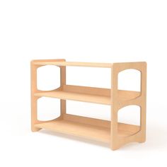 a wooden shelf with two shelves on each side