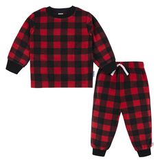 2-Piece Infant & Toddler Boys Red Plaid Fleece Pajamas Cozy Playtime Sets For Fall, Cozy Red Long Sleeve Sleepwear, Cozy Red Winter Sleepwear, Cozy Red Sleepwear For Sleepover, Cozy Long Sleeve Sleepwear, Cozy Red Sleepwear, Matching Pajama Set, Top And Bottom Set, Matching Pajama