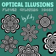 some black and white flowers on a green background with the words optical illusiones flower coloring pages