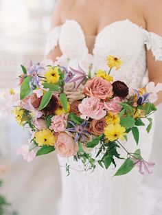 a bride holding a bouquet of flowers in her hands