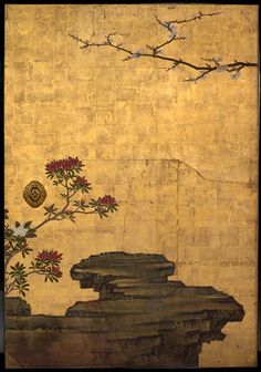 Attibuted to Kano Sansetsu, The Old Plum, Edo PEriod (1615-1868), ca 1645, four sliding door panels (fusuma), ink, colour, gold leaf on paper, The Metropolitian Museum of Art, New York Sliding Door Panels, Japan Painting, Japon Illustration, Eastern Art, Door Panels, Art Japanese, Japanese Woodblock Printing