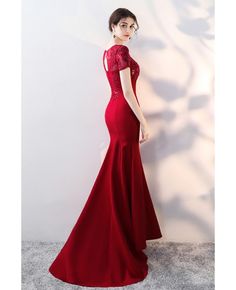 Buy burgundy fitted side split evening dress with illusion short sleeves at wholesale price online. Free shipping and pro custom service since 2009. Short Sleeve Evening Dress With Illusion Neckline, Short Sleeve Evening Dress With Illusion Neckline For Prom, Fitted Evening Dress With Illusion Neckline And Short Sleeves, Red Short Sleeve Evening Dress For Formal Occasions, Party Gown With Sweep Train And Short Sleeves, Short Sleeve Gown With Sweep Train For Party, Elegant Red Evening Dress With Short Sleeves, Red Elegant Short Sleeve Evening Dress, Red Short Sleeve Evening Gown